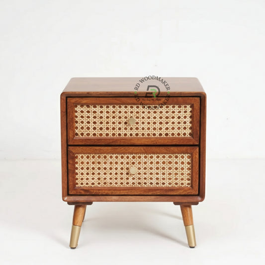 MODERN RATTAN WOODEN BEDSIDE TABLE WITH 2 DRAWERS
