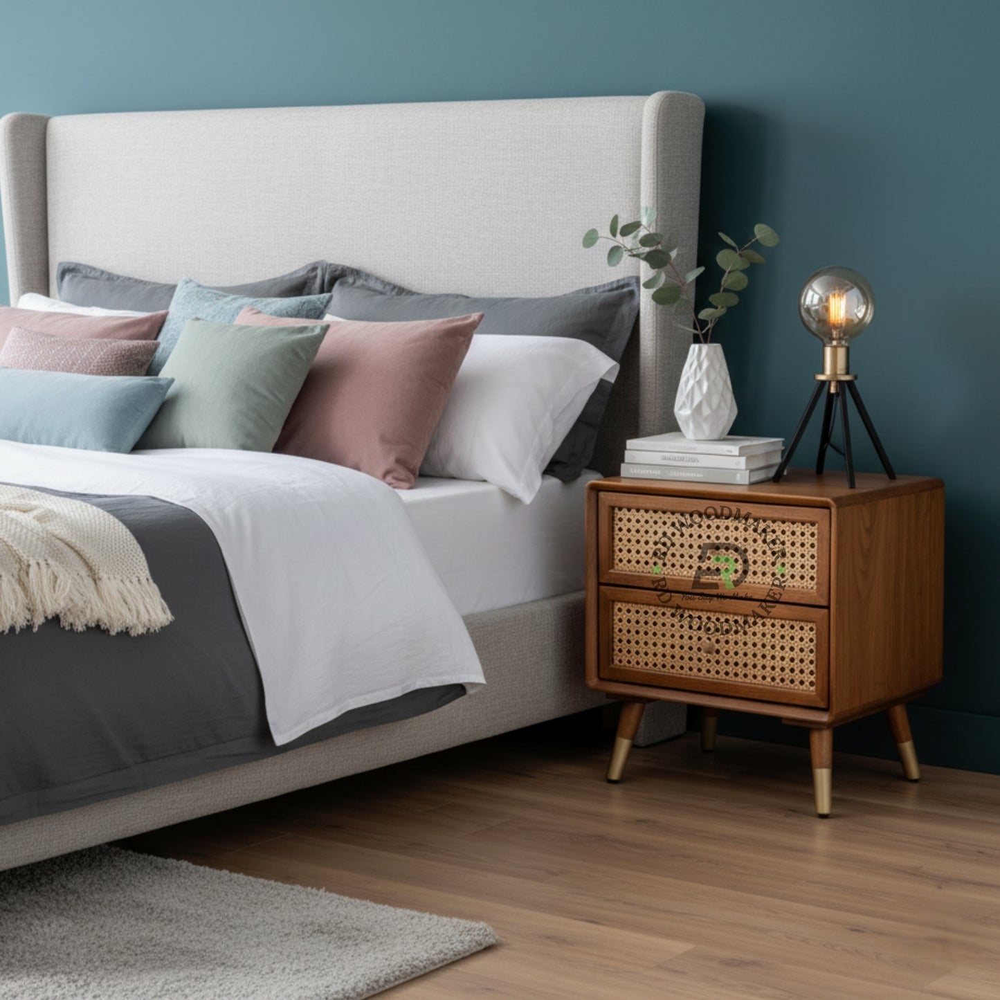 MODERN RATTAN WOODEN BEDSIDE TABLE WITH 2 DRAWERS