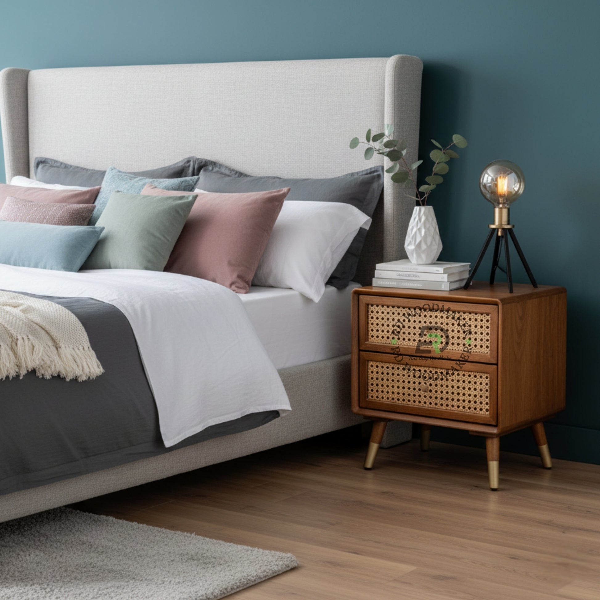MODERN RATTAN WOODEN BEDSIDE TABLE WITH 2 DRAWERS