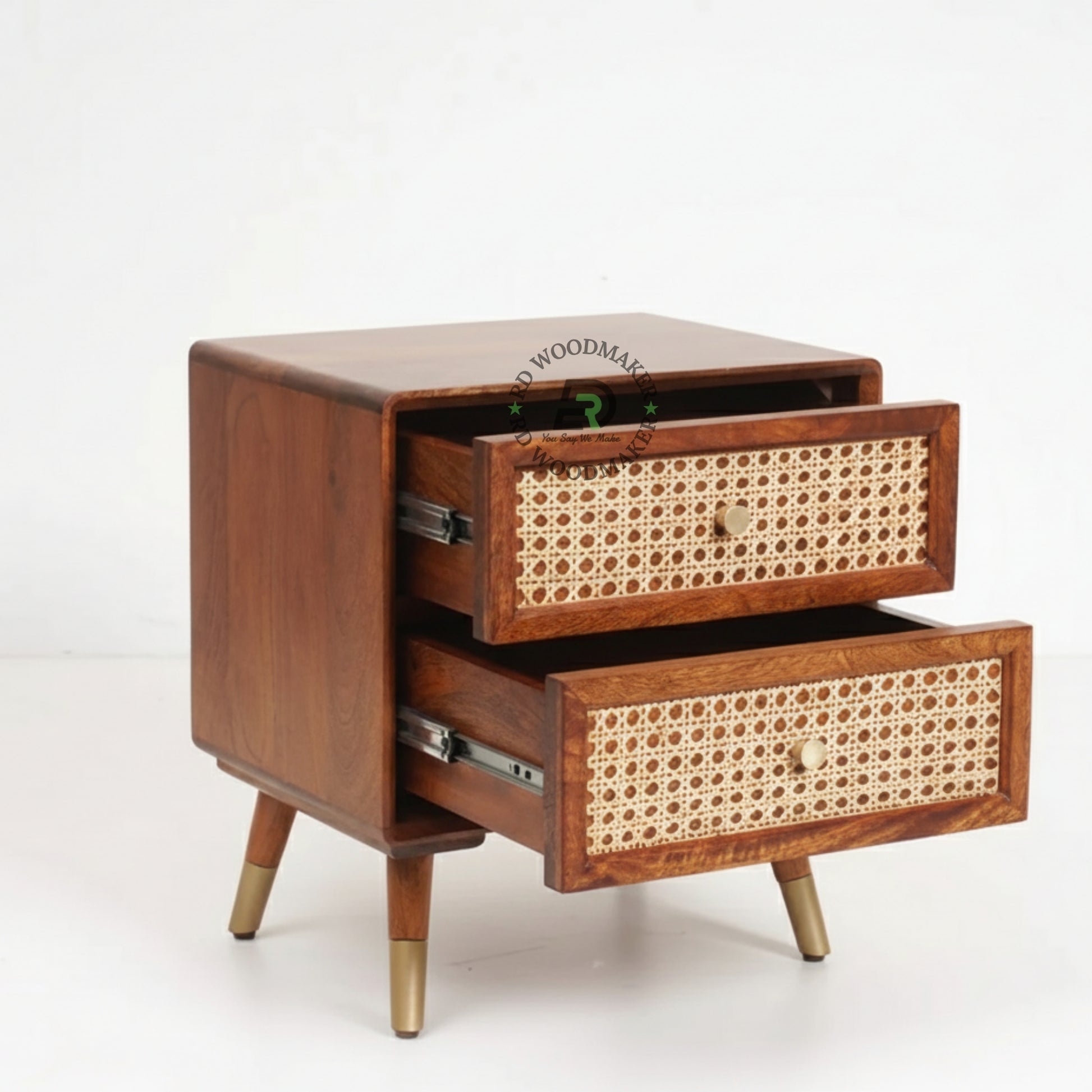 MODERN RATTAN WOODEN BEDSIDE TABLE WITH 2 DRAWERS