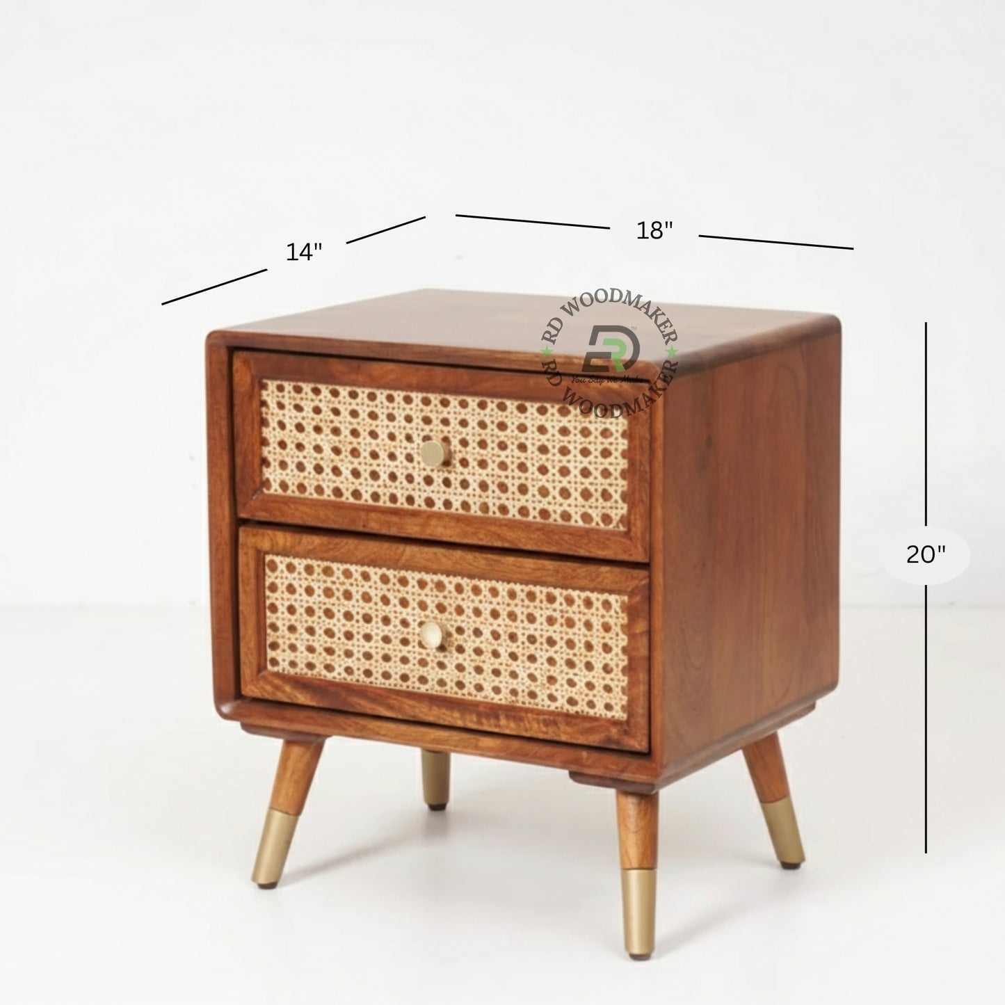 MODERN RATTAN WOODEN BEDSIDE TABLE WITH 2 DRAWERS