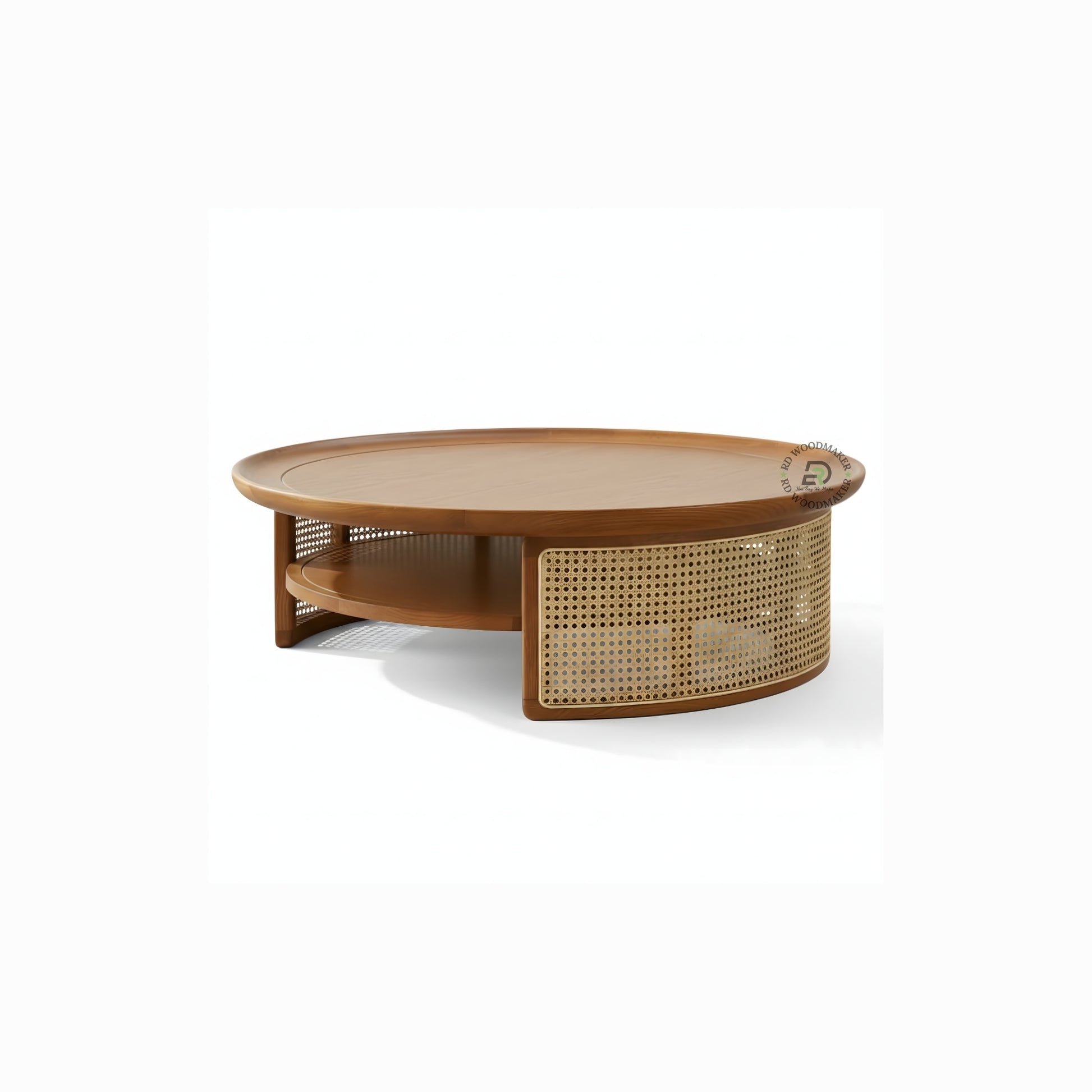 ROUND WOODEN COFFEE TABLE WITH CANE STORAGE AND SHELF