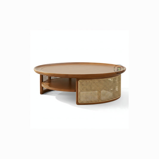 ROUND WOODEN COFFEE TABLE WITH CANE STORAGE AND SHELF