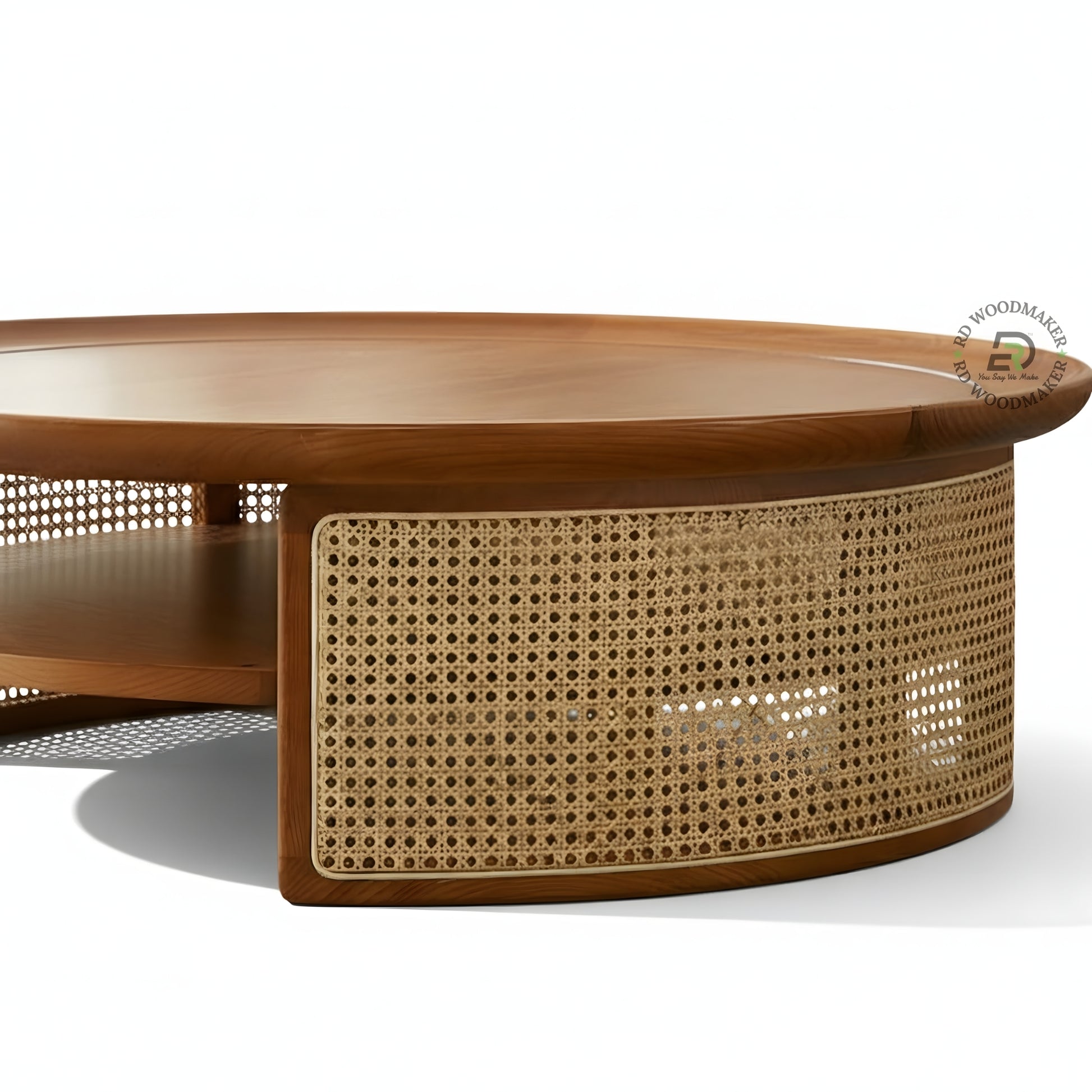 ROUND WOODEN COFFEE TABLE WITH CANE STORAGE AND SHELF