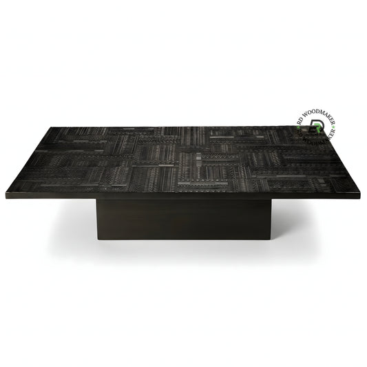 MODERN BLACK TEXTURED WOODEN COFFEE TABLE WITH BLOCK BASE