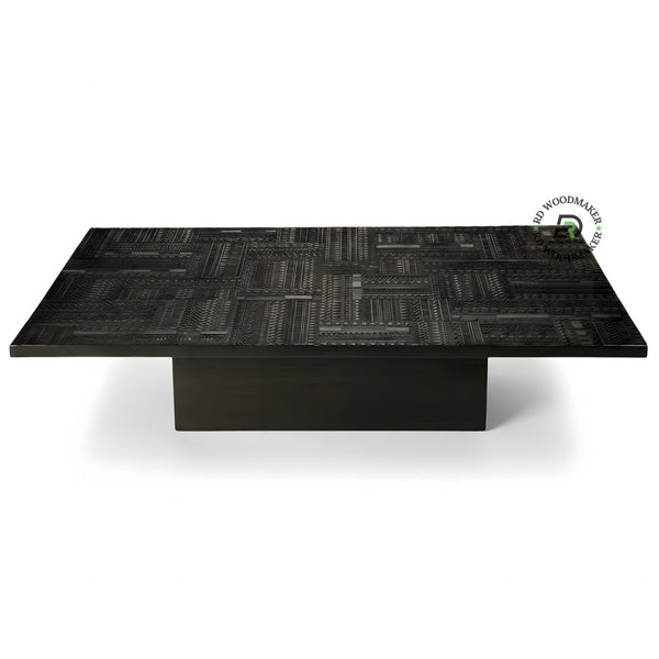 MODERN BLACK TEXTURED WOODEN COFFEE TABLE WITH BLOCK BASE