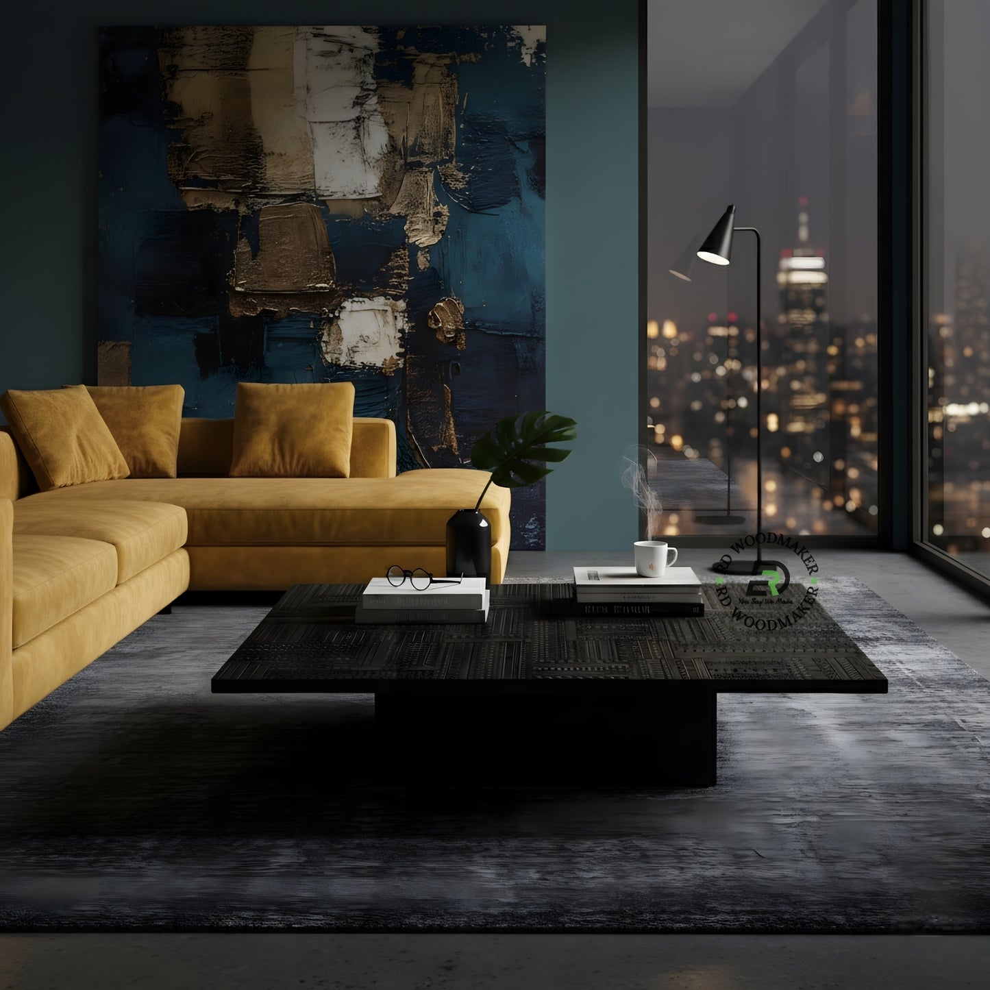 MODERN BLACK TEXTURED WOODEN COFFEE TABLE WITH BLOCK BASE