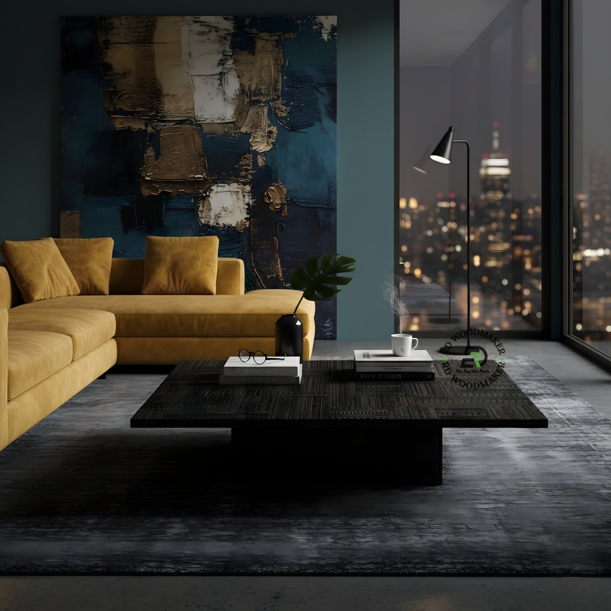 MODERN BLACK TEXTURED WOODEN COFFEE TABLE WITH BLOCK BASE