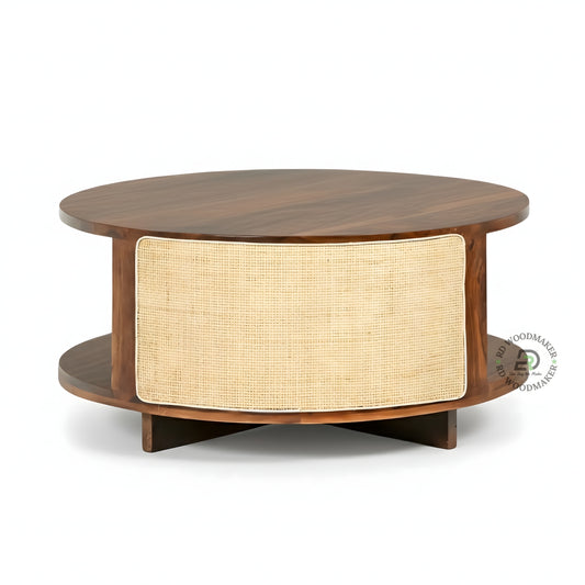 ROUND WOODEN COFFEE TABLE WITH CANE PANEL AND BASE SHELF