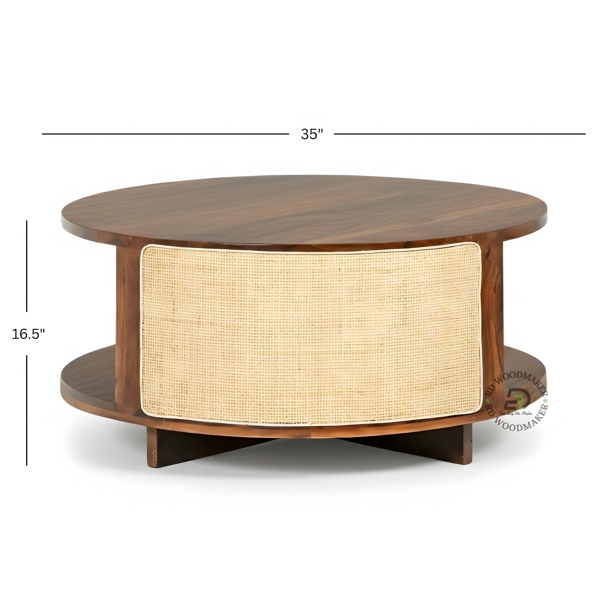 ROUND WOODEN COFFEE TABLE WITH CANE PANEL AND BASE SHELF