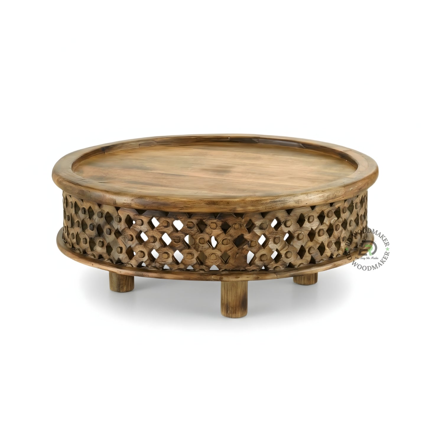 HANDCARVED ROUND WOODEN COFFEE TABLE WITH CUTWORK DESIGN