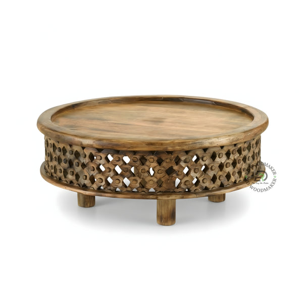 HANDCARVED ROUND WOODEN COFFEE TABLE WITH CUTWORK DESIGN