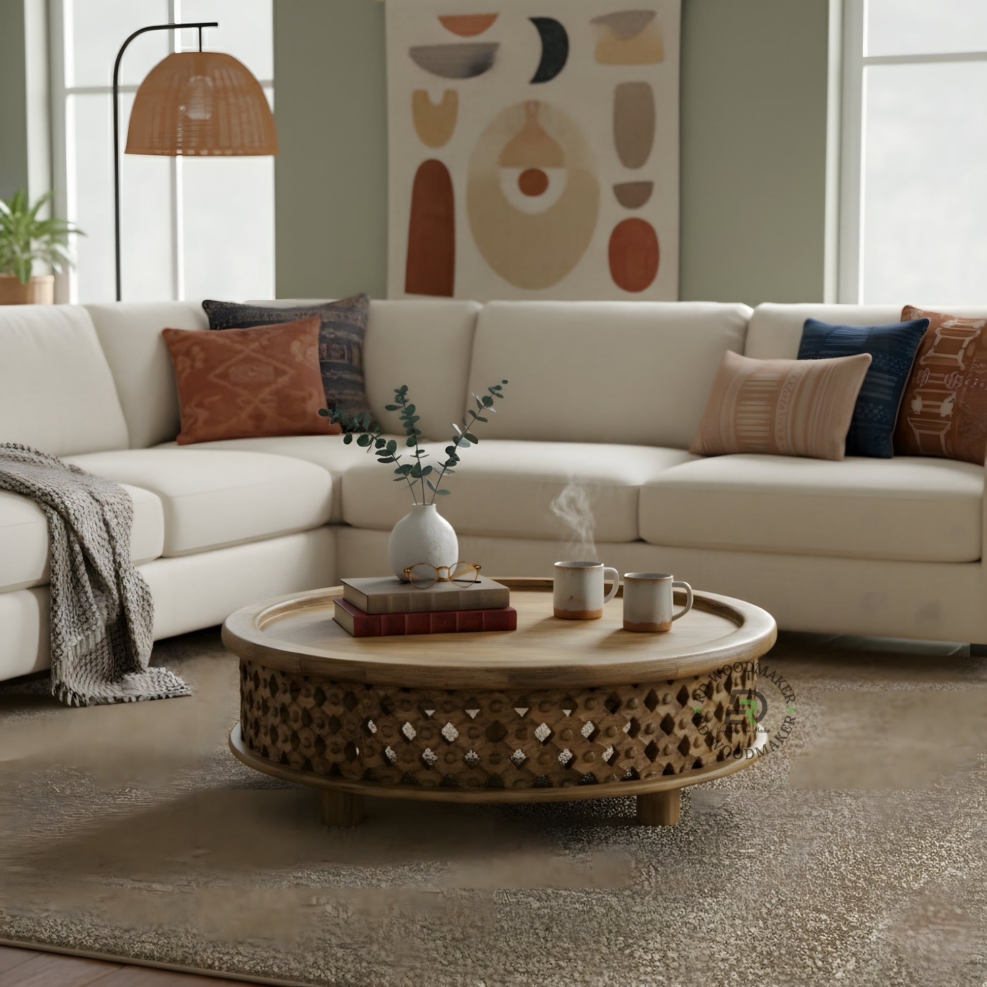 HANDCARVED ROUND WOODEN COFFEE TABLE WITH CUTWORK DESIGN