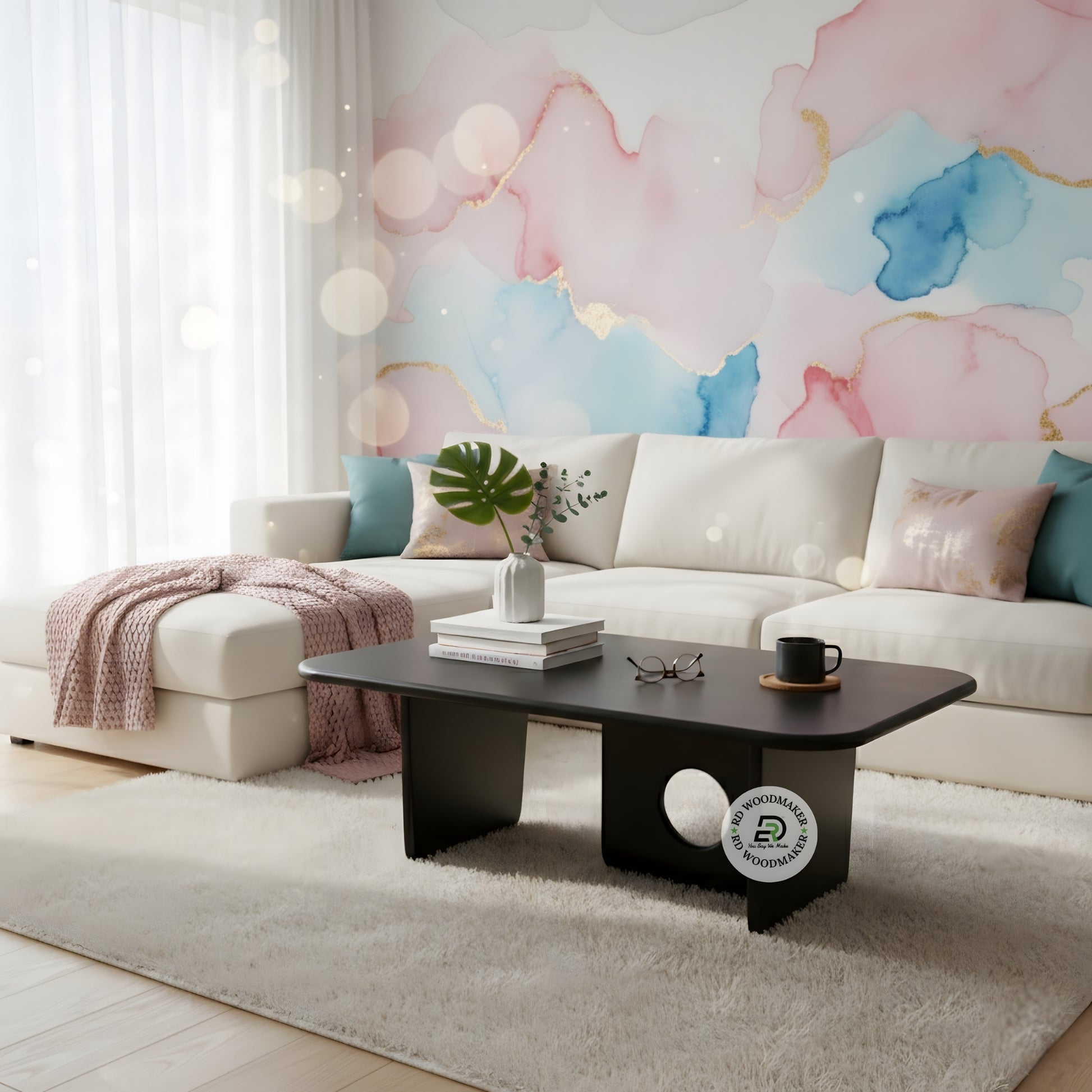 MODERN RECTANGULAR BLACK COFFEE TABLE WITH GEOMETRIC BASE