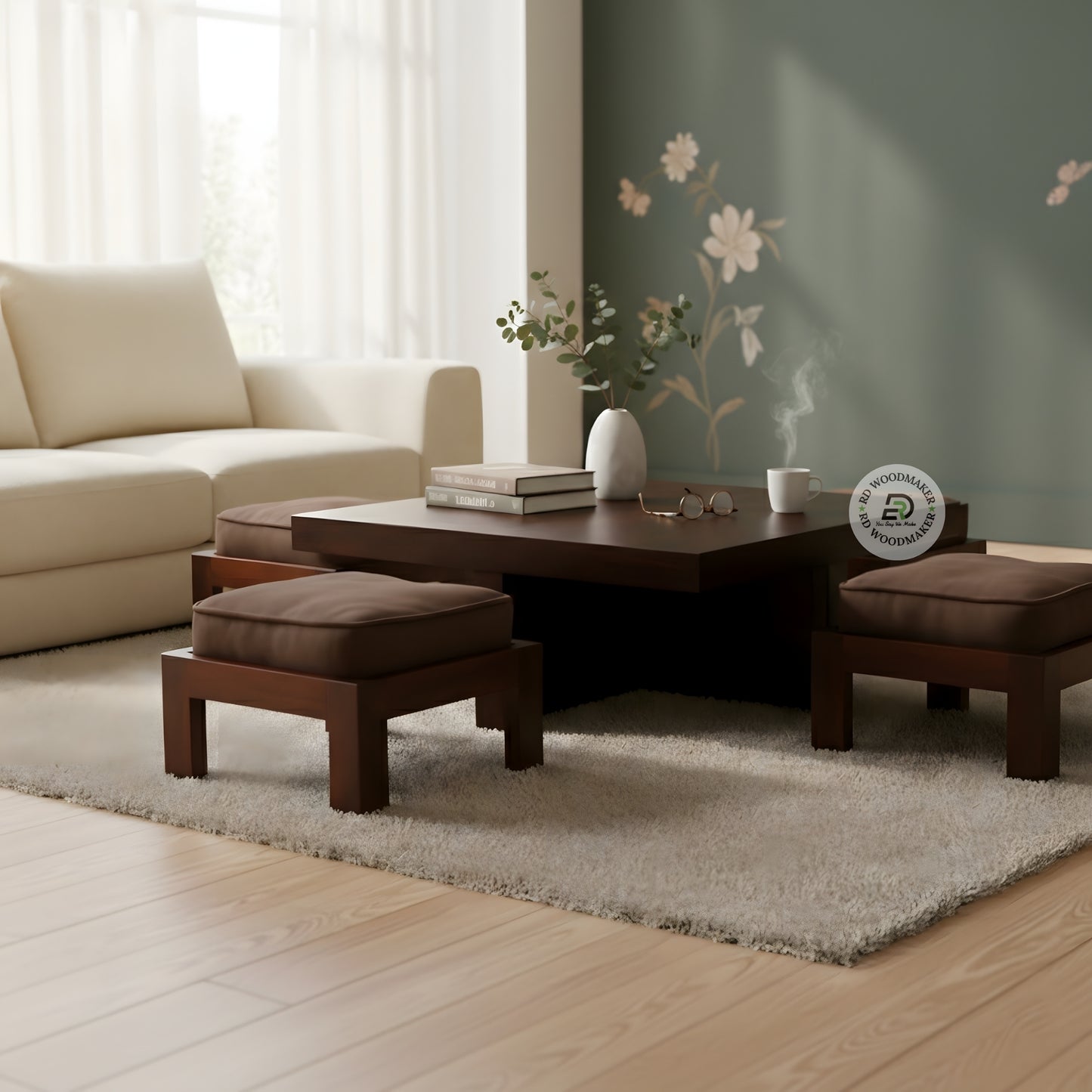  MODERN LOW FLOOR SEATING COFFEE TABLE SET WITH CUSHION STOOLS