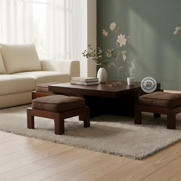 MODERN LOW FLOOR SEATING COFFEE TABLE SET WITH CUSHION STOOLS