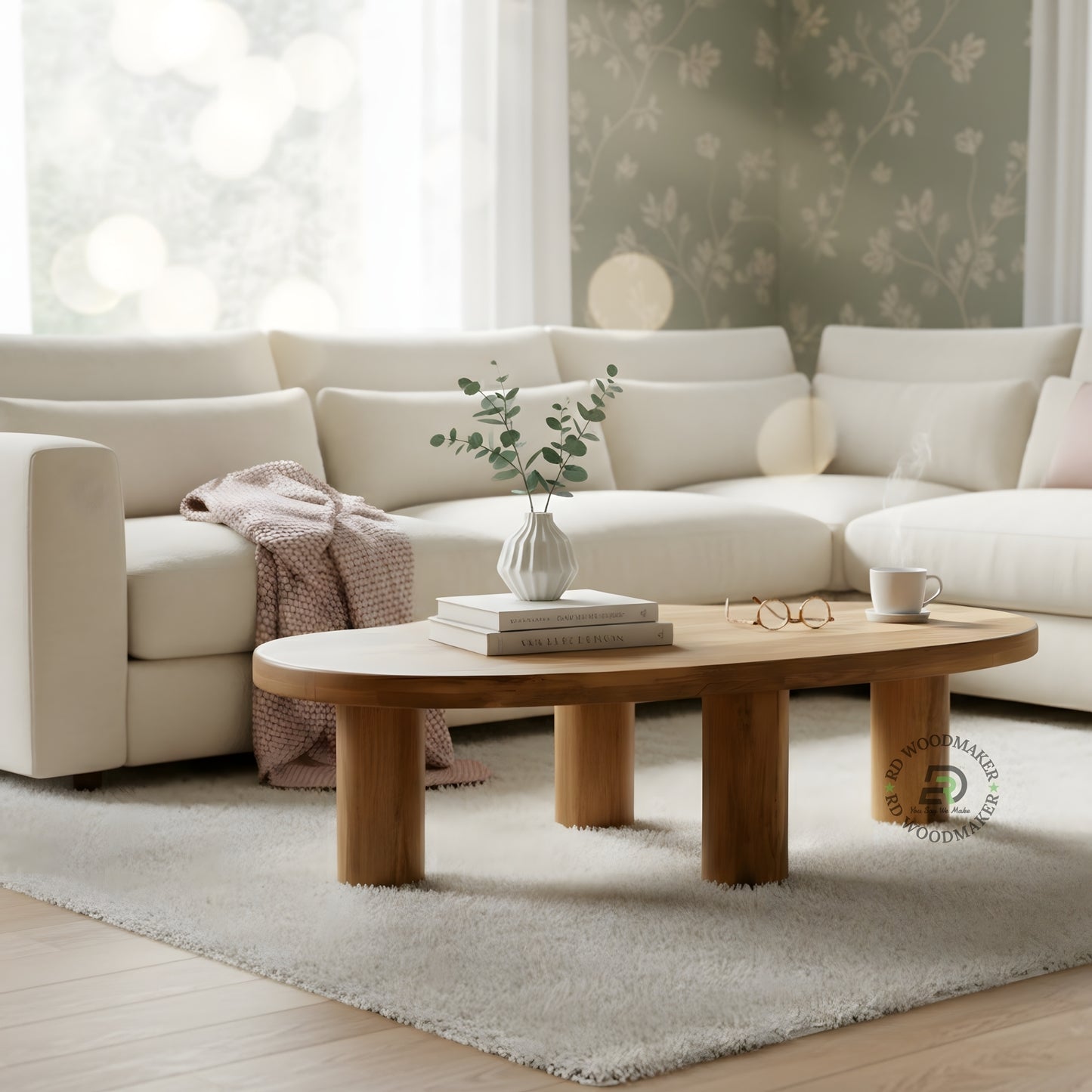 ORGANIC OVAL SOLID WOOD COFFEE TABLE WITH CYLINDRICAL LEGS