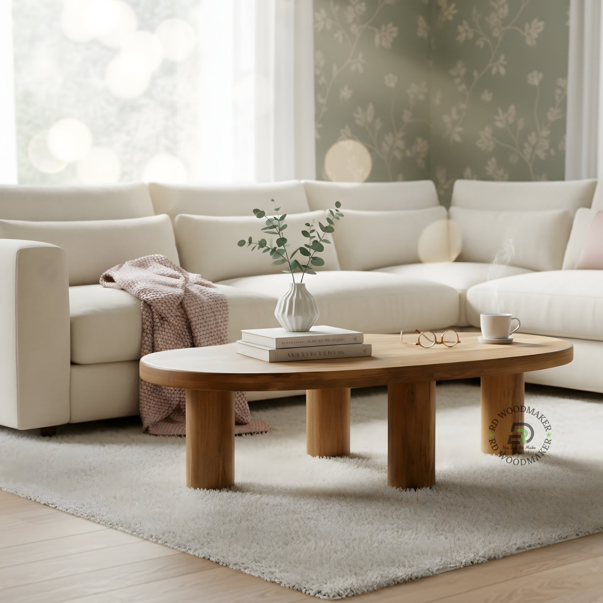 ORGANIC OVAL SOLID WOOD COFFEE TABLE WITH CYLINDRICAL LEGS