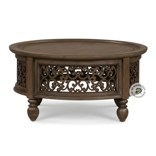 CLASSIC ROUND SCROLL CARVED WOODEN COFFEE TABLE