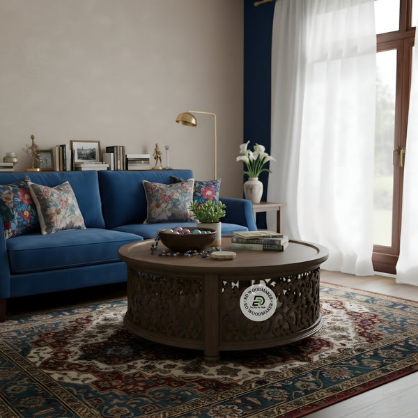 CLASSIC ROUND SCROLL CARVED WOODEN COFFEE TABLE