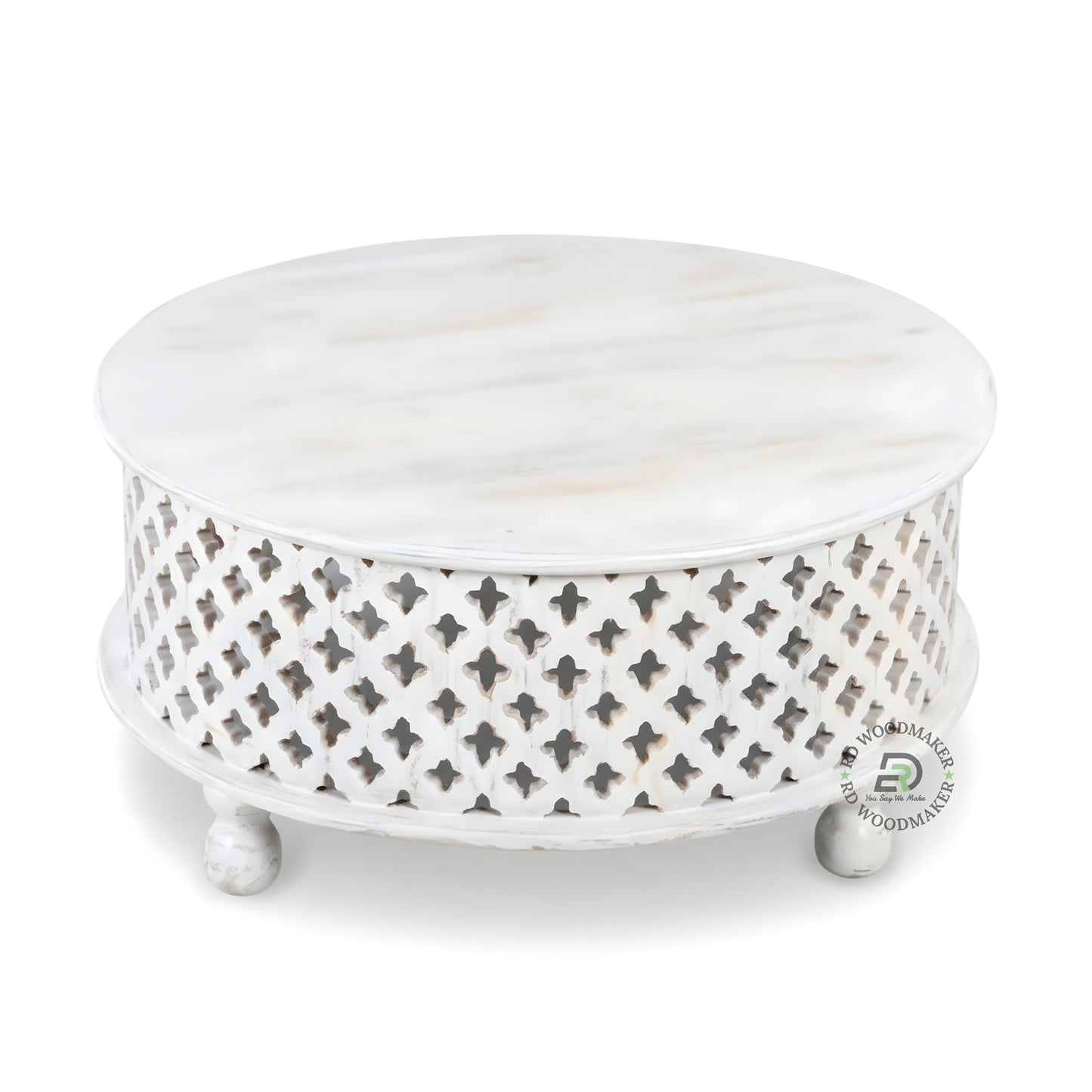HANDCARVED GEOMETRIC JAALI ROUND COFFEE TABLE