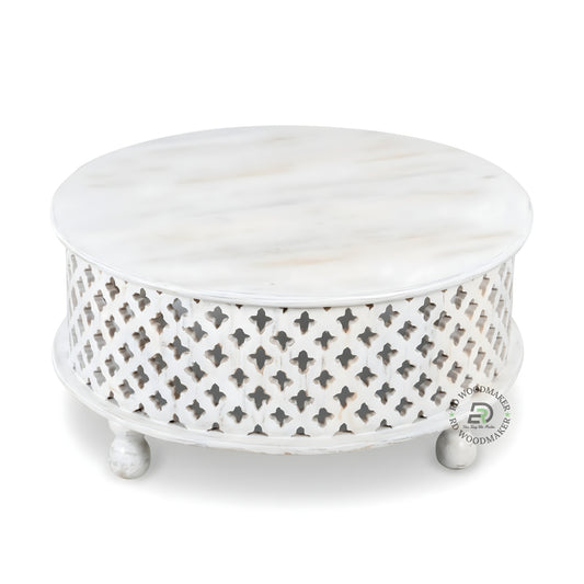 HANDCARVED GEOMETRIC JAALI ROUND COFFEE TABLE