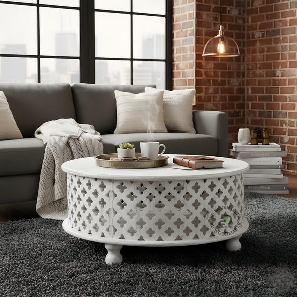 HANDCARVED GEOMETRIC JAALI ROUND COFFEE TABLE