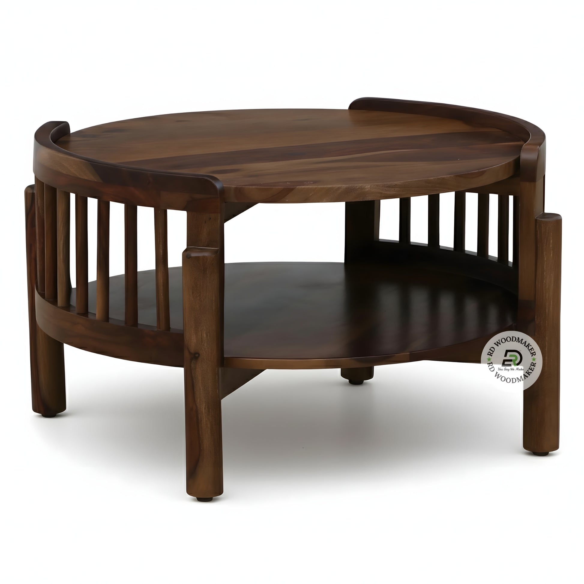 ROUND OPEN SHELF COFFEE TABLE WITH SPINDLE DESIGN