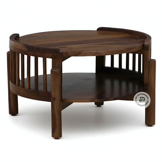 ROUND OPEN SHELF COFFEE TABLE WITH SPINDLE DESIGN