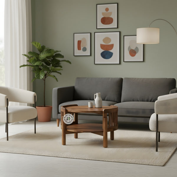 ROUND OPEN SHELF COFFEE TABLE WITH SPINDLE DESIGN