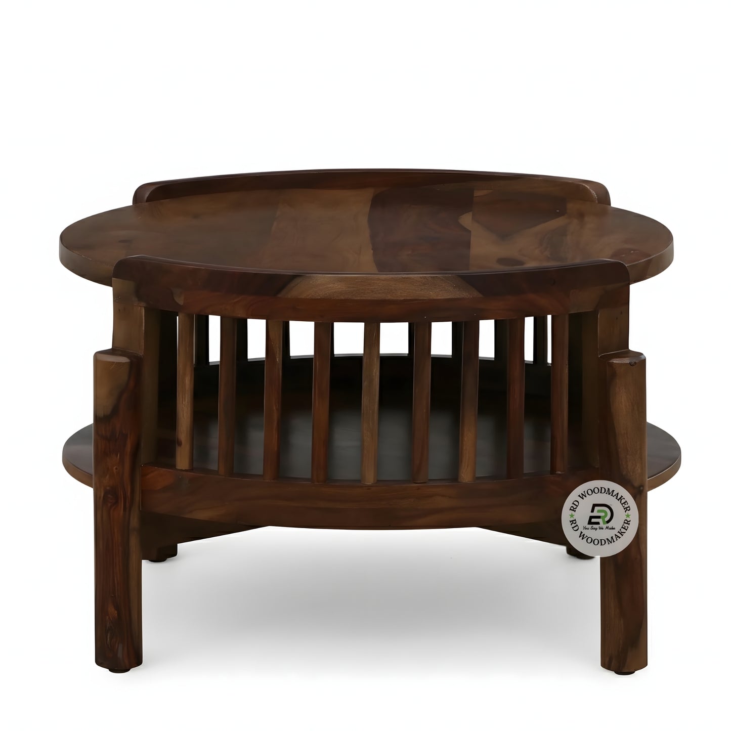 ROUND OPEN SHELF COFFEE TABLE WITH SPINDLE DESIGN