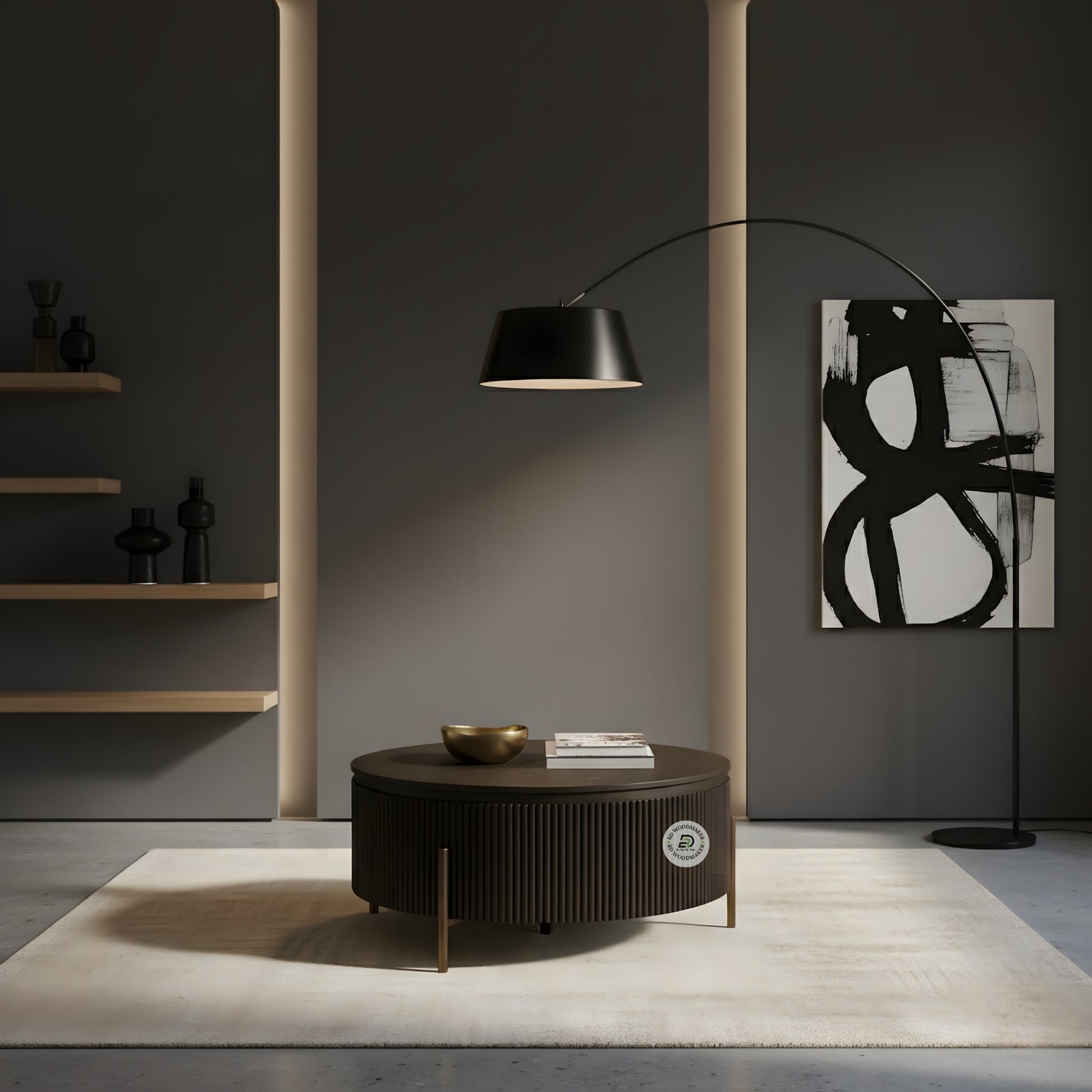 MODERN FLUTED ROUND COFFEE TABLE WITH METAL LEGS