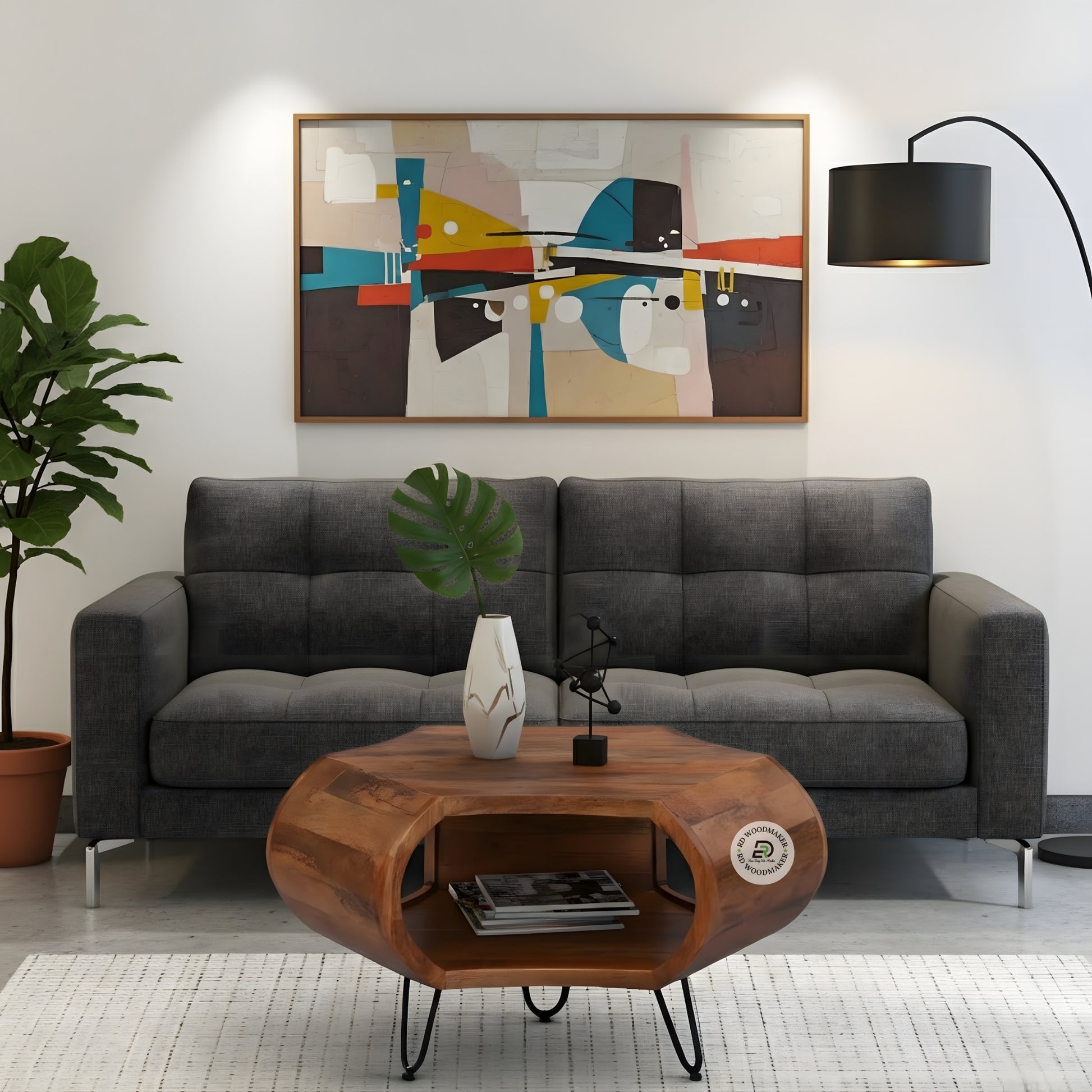 SOLID WOOD HEXAGON MODERN COFFEE TABLE WITH OPEN STORAGE