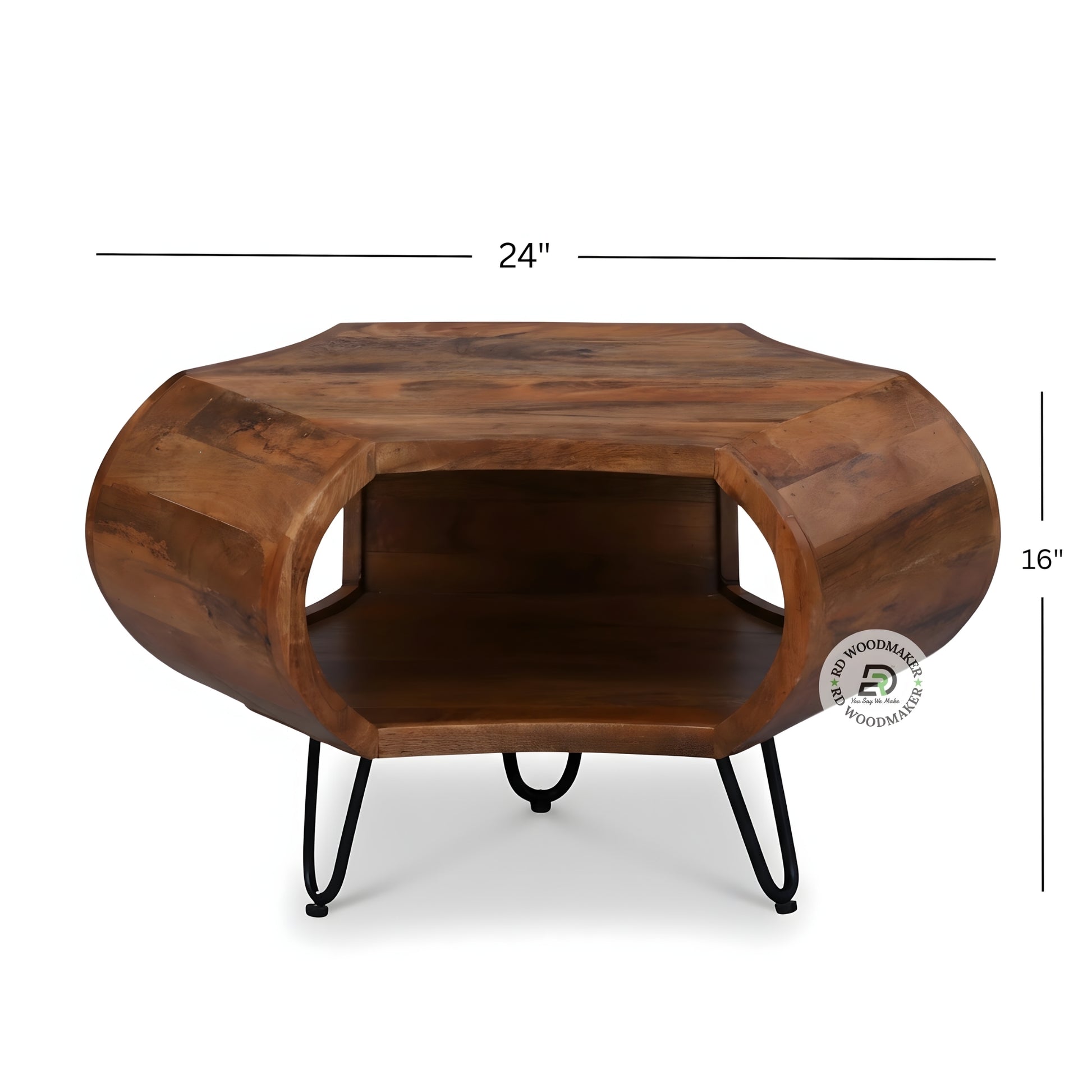 SOLID WOOD HEXAGON MODERN COFFEE TABLE WITH OPEN STORAGE