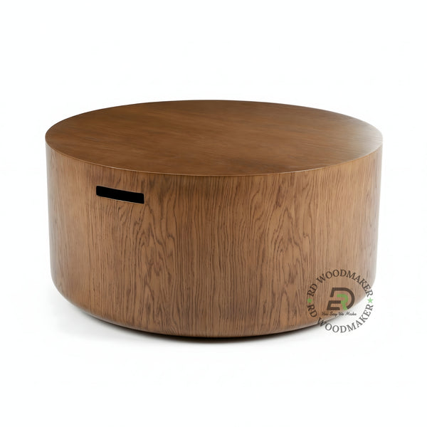 ROUND SOLID WOOD DRUM STORAGE COFFEE TABLE