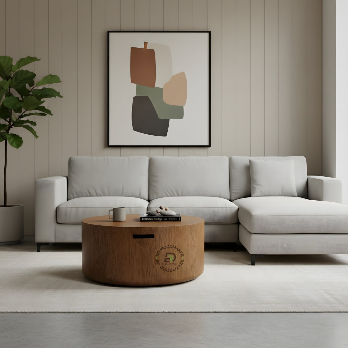 ROUND SOLID WOOD DRUM STORAGE COFFEE TABLE