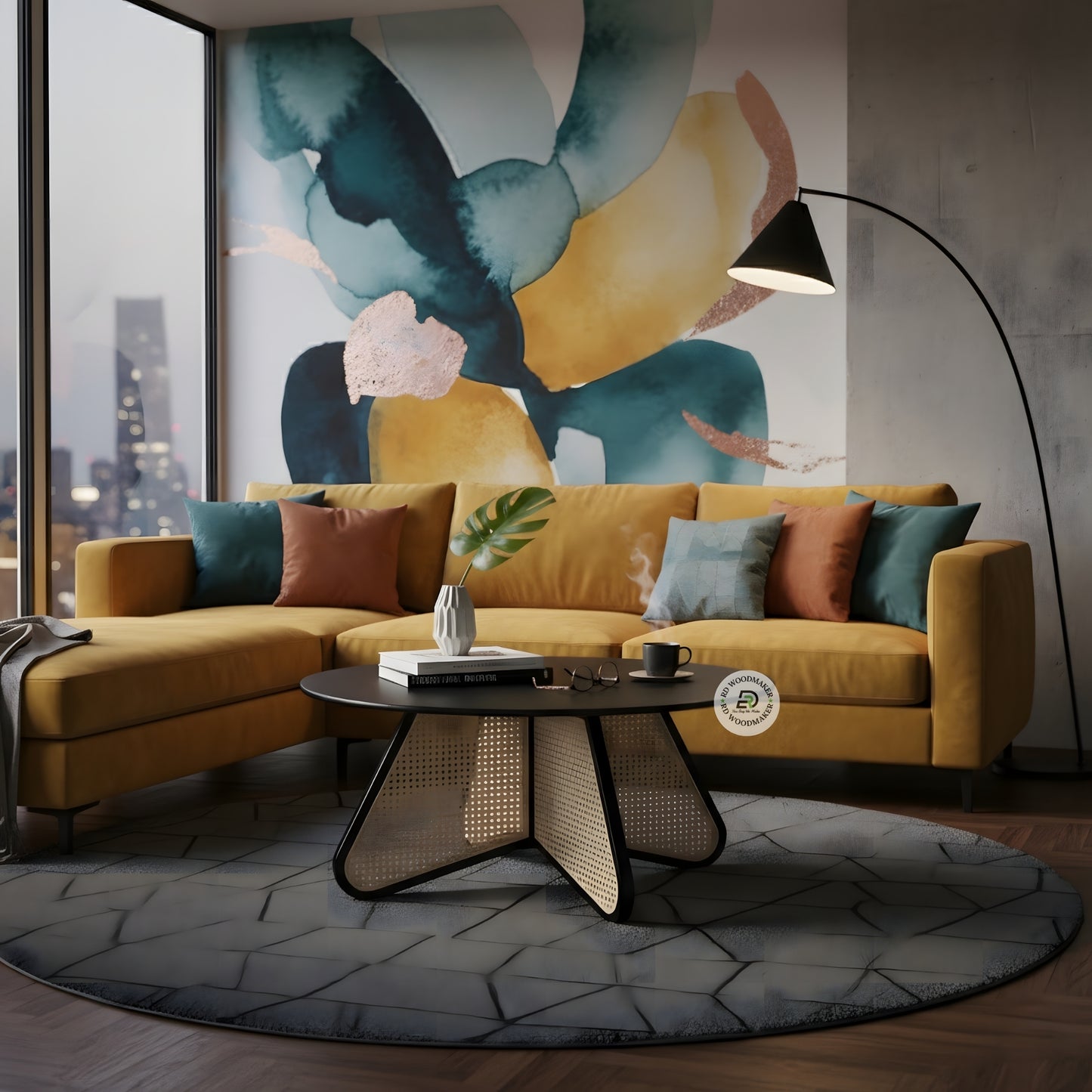 MODERN ROUND CANE BASE COFFEE TABLE