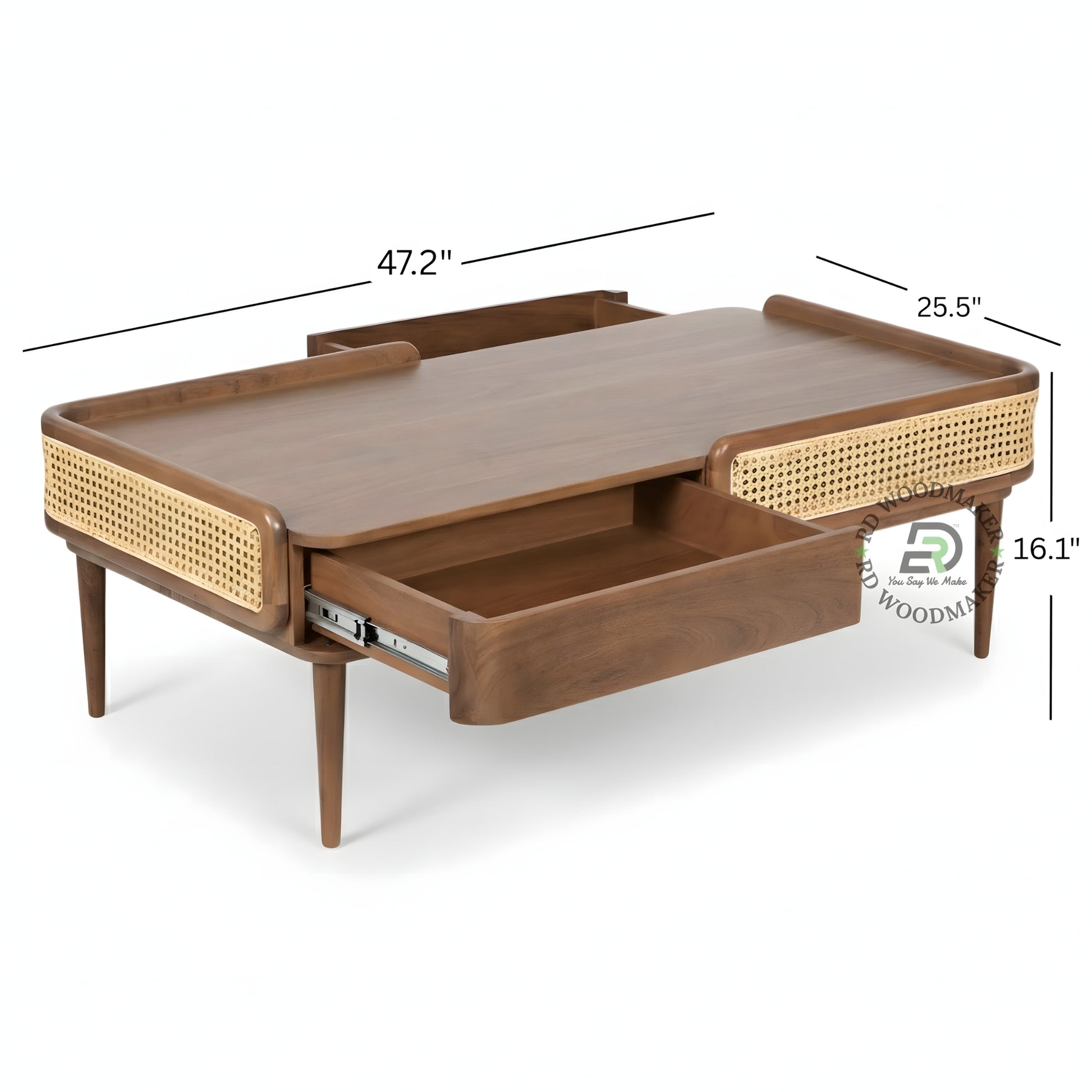 MID CENTURY CANE DRAWER COFFEE TABLE