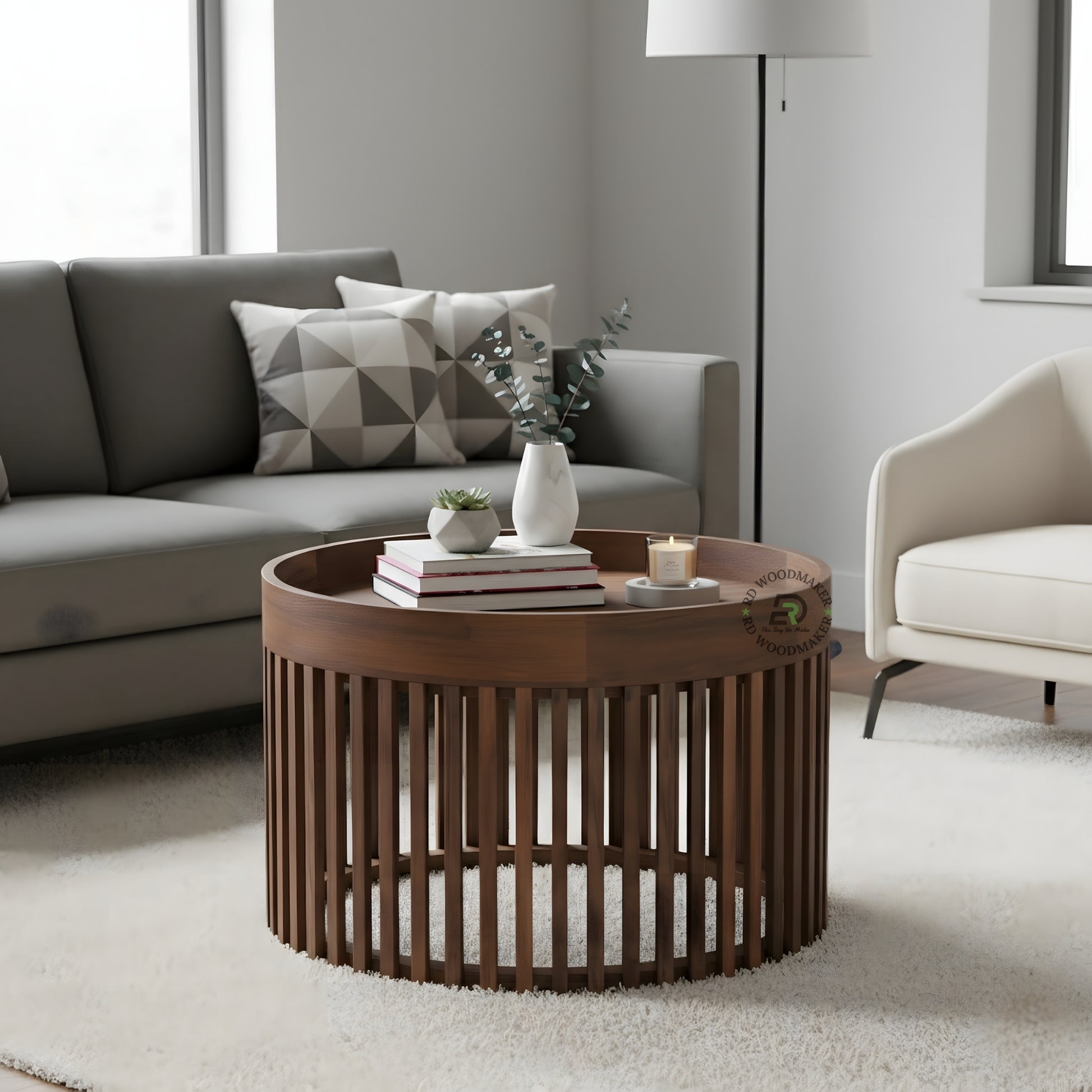 ROUND SLATTED WOODEN COFFEE TABLE