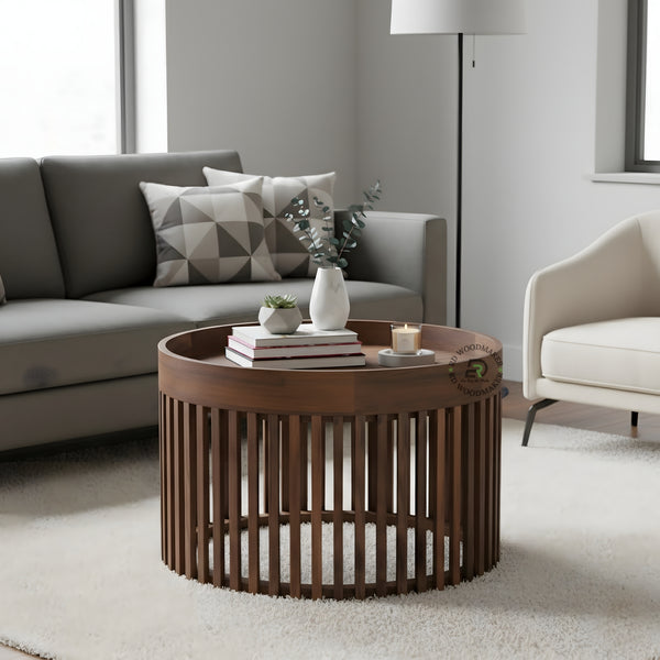 ROUND SLATTED WOODEN COFFEE TABLE
