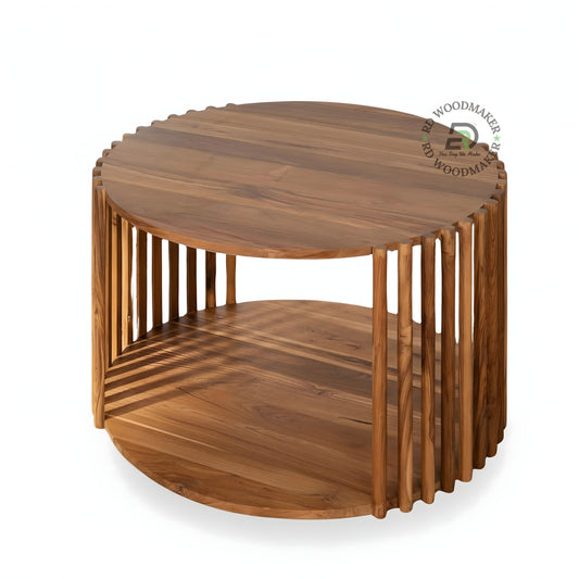 ROUND SLATTED WOODEN COFFEE TABLE WITH LOWER SHELF