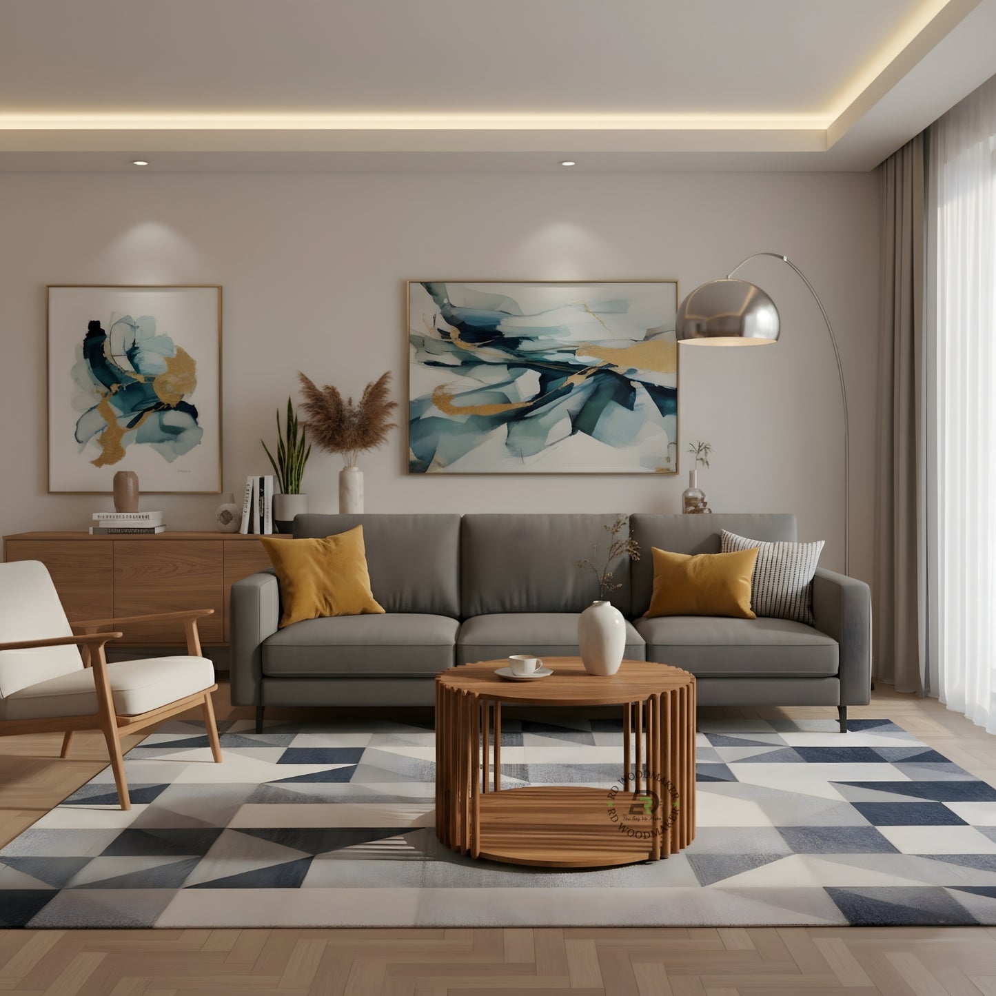 ROUND SLATTED WOODEN COFFEE TABLE WITH LOWER SHELF
