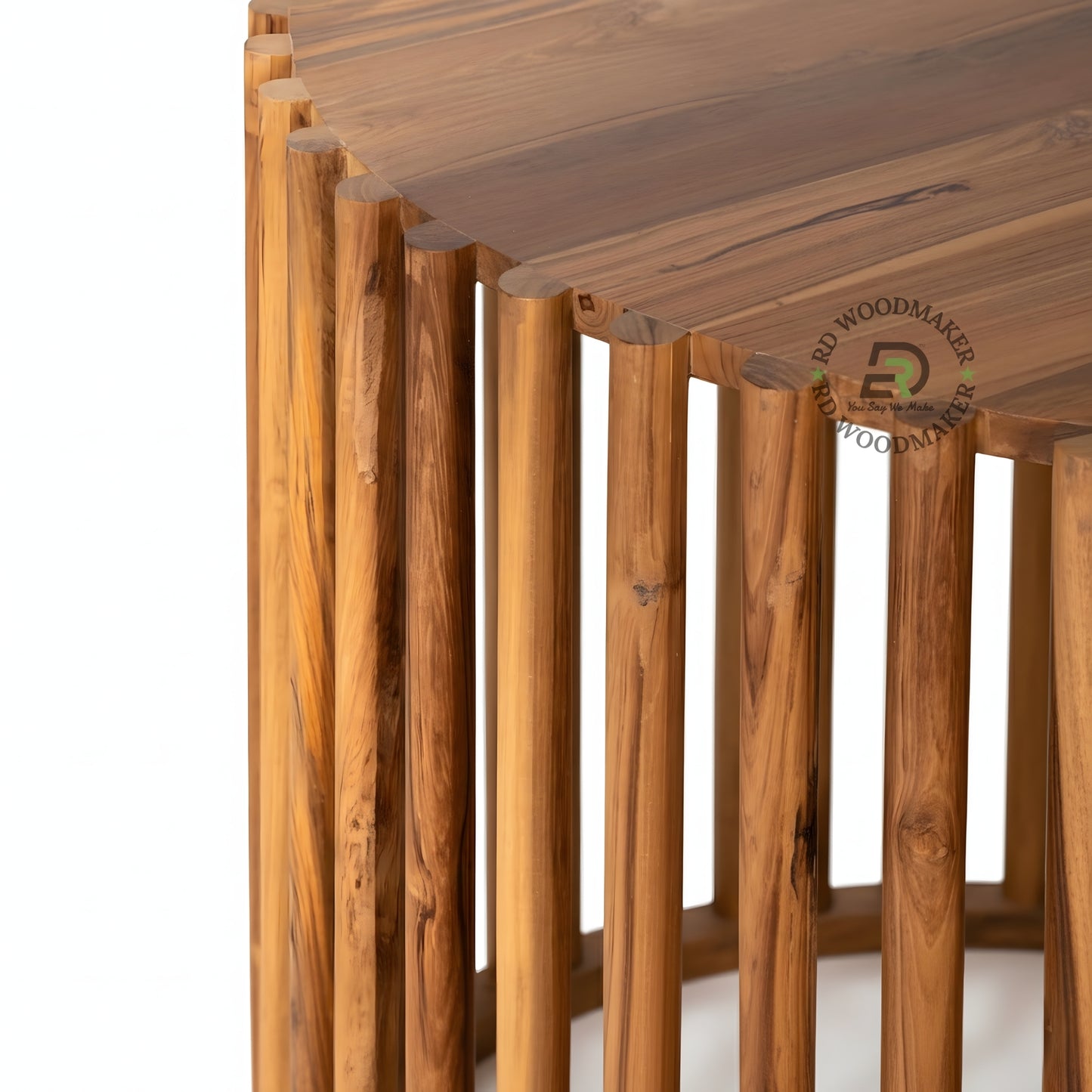 ROUND SLATTED WOODEN COFFEE TABLE WITH LOWER SHELF