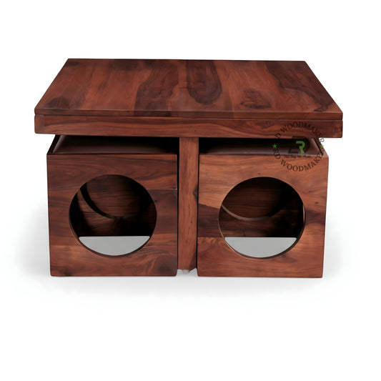 WOODEN COFFEE TABLE WITH STORAGE CUBE STOOLS SET