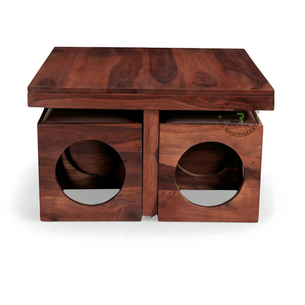 WOODEN COFFEE TABLE WITH STORAGE CUBE STOOLS SET