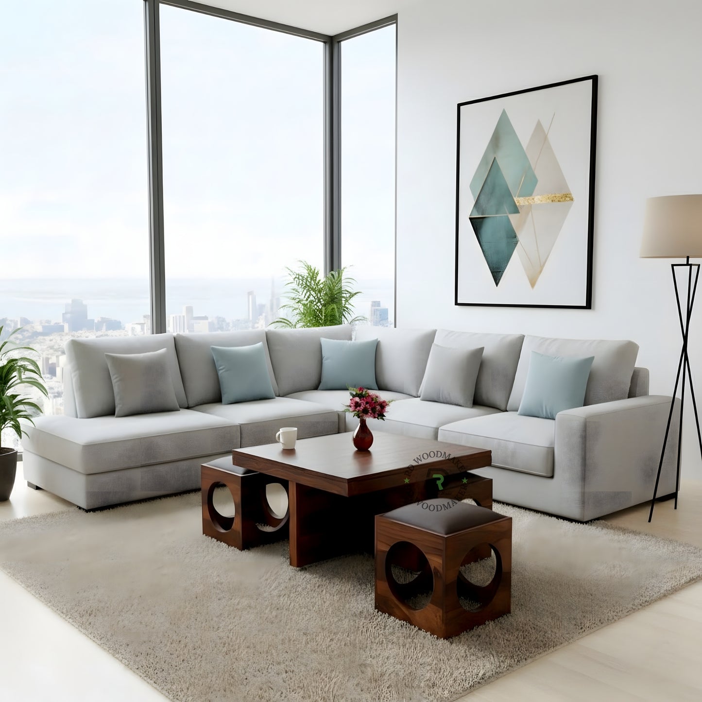 WOODEN COFFEE TABLE WITH STORAGE CUBE STOOLS SET