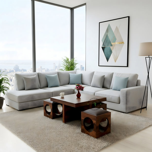 WOODEN COFFEE TABLE WITH STORAGE CUBE STOOLS SET