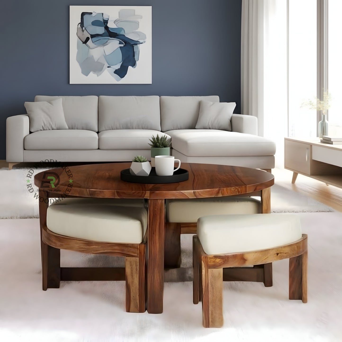 ROUND COFFEE TABLE WITH CUSHIONED STOOLS SET