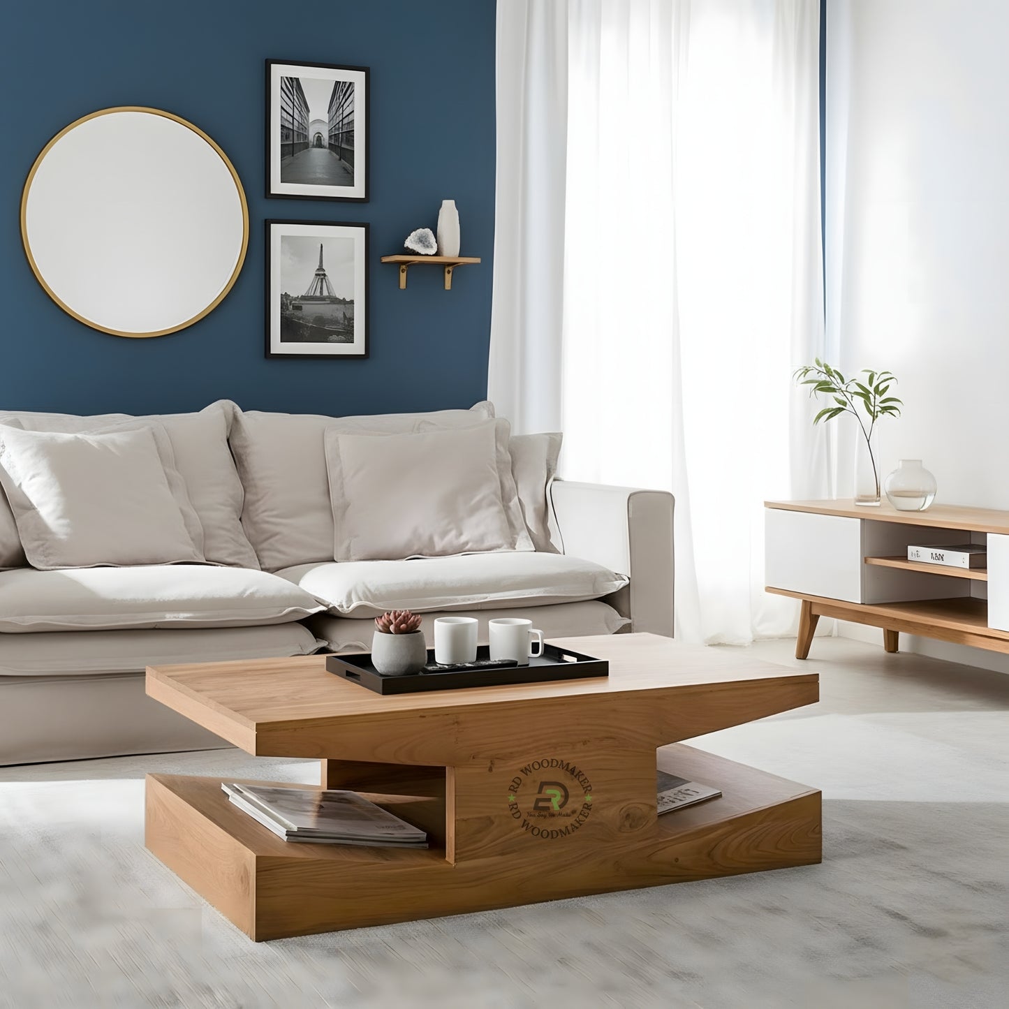 MODERN LOW PROFILE WOODEN COFFEE TABLE WITH OPEN BASE