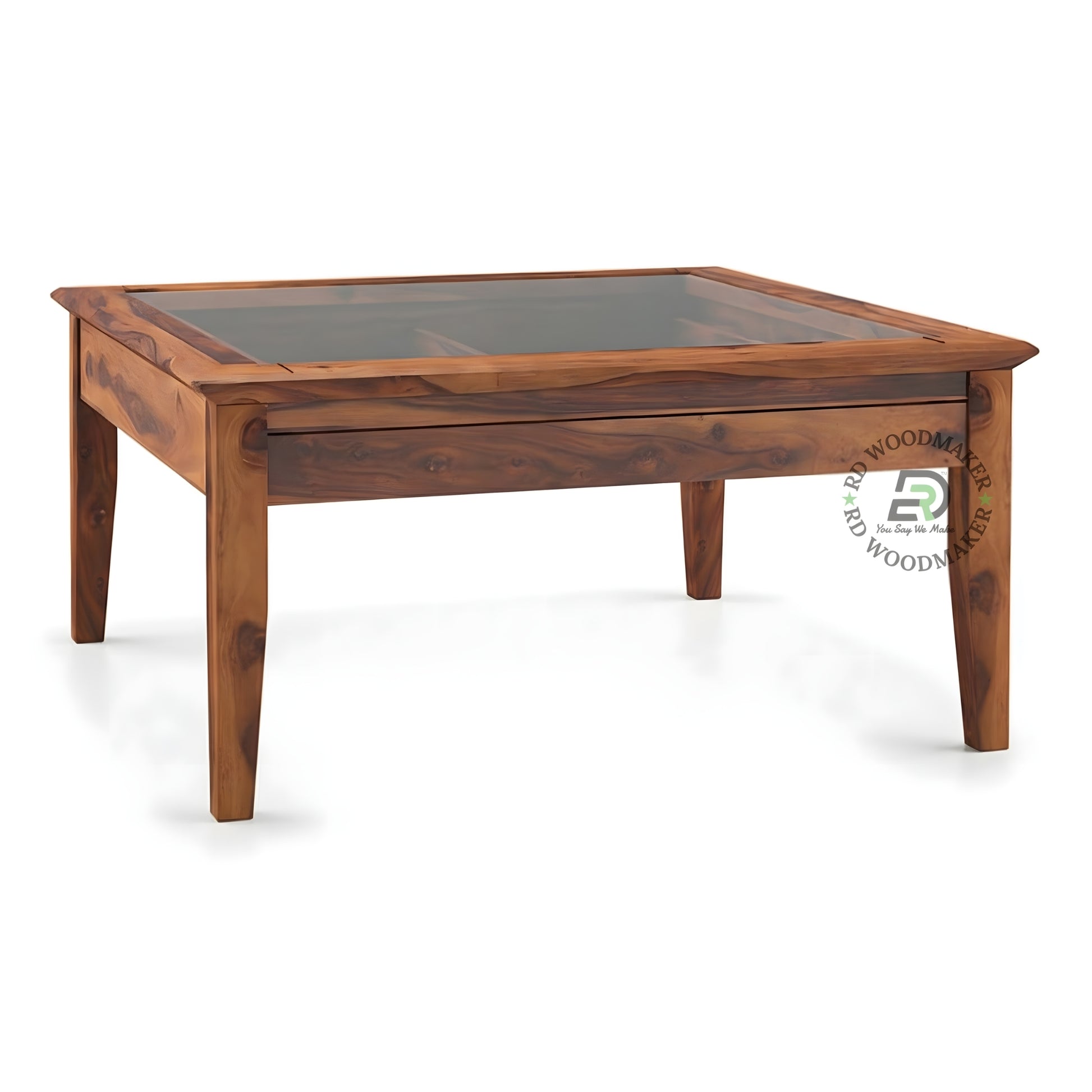 WOODEN COFFEE TABLE WITH GLASS TOP AND STORAGE DRAWER